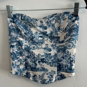 Brand New Toile Strapless Bustier Crop Top in Blue & White
